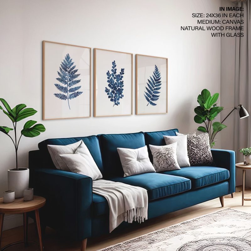 Botanical Three Blue Fern Leaves – Wall Painting