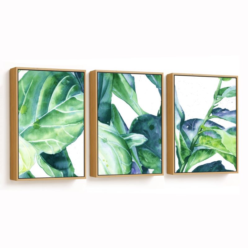 Monstera Leaf Watercolor Framed Wall Art (Set of 3), Nature Art, Minimalist, Botanical - Choose Size and Frame Color
