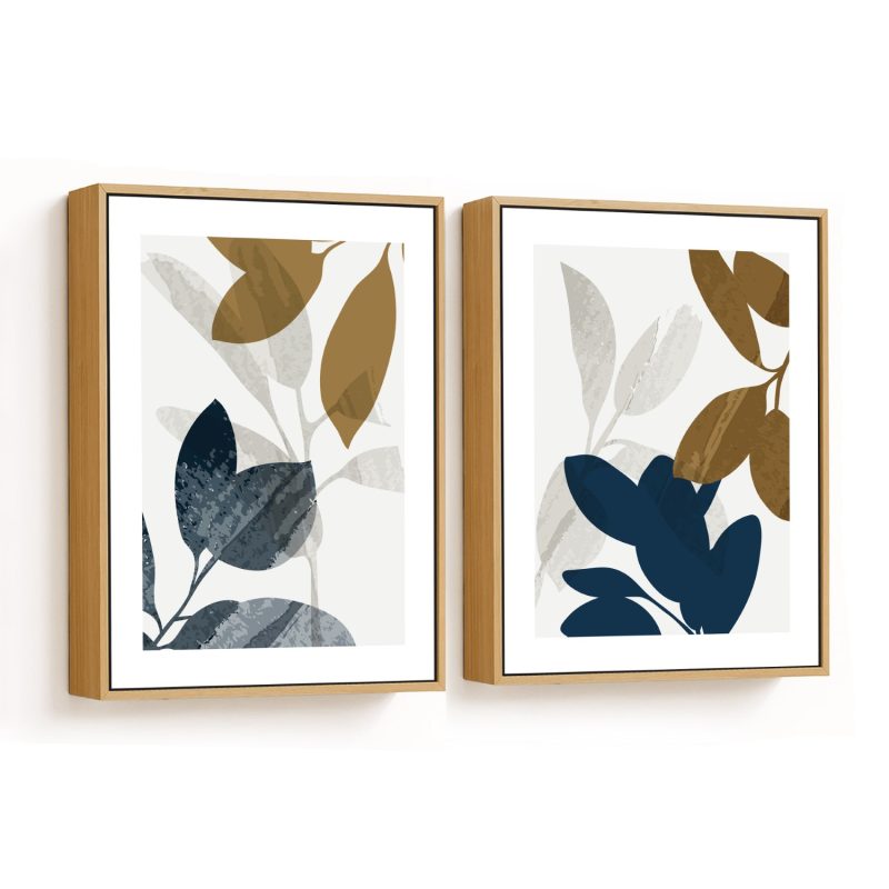 Set of 2 abstract blue brown botanical