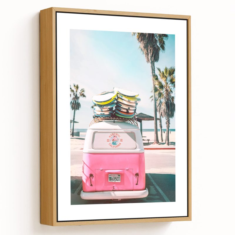 Framed art Beach Print, Pink Combi Van, Surf Surfboards, Palm Trees