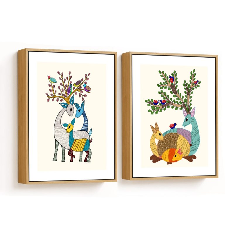 Set of 2 Gond art deer family