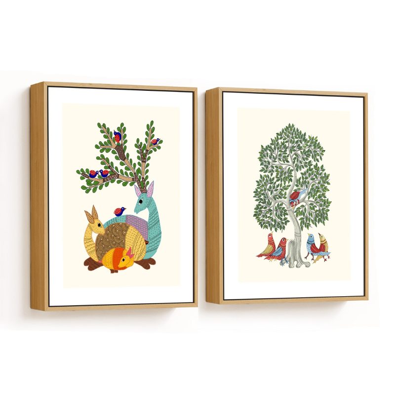 Set of 2 Gond art of deer and tree
