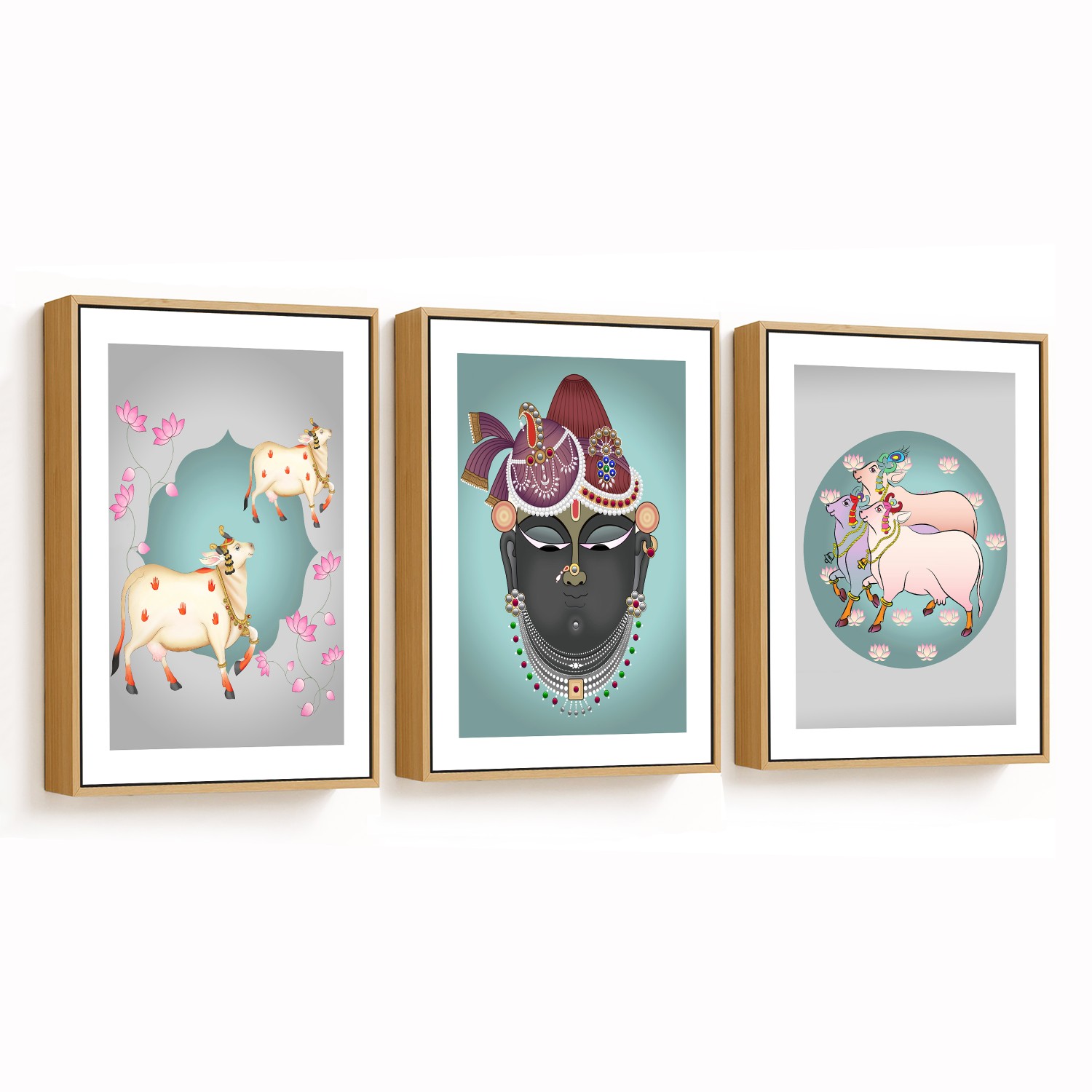 Set of 3 Neutral Pichwai Art Shrinathji and Cow