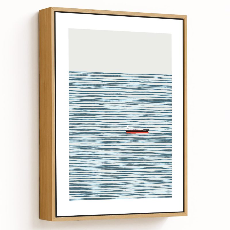 Abstract blue line drawing ocean boat landscape