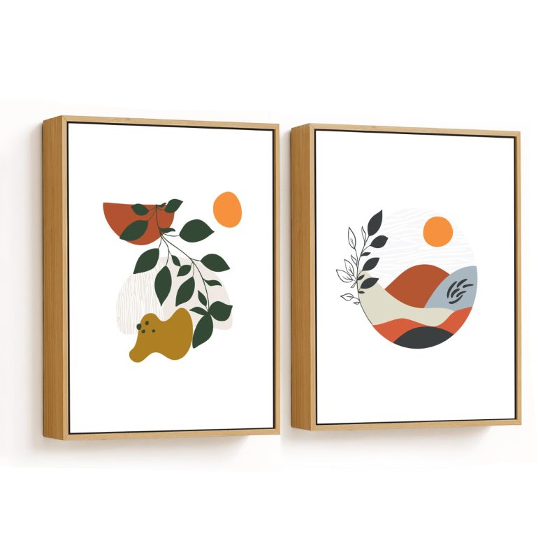 Set of 2 circle boho botanical leaves abstract