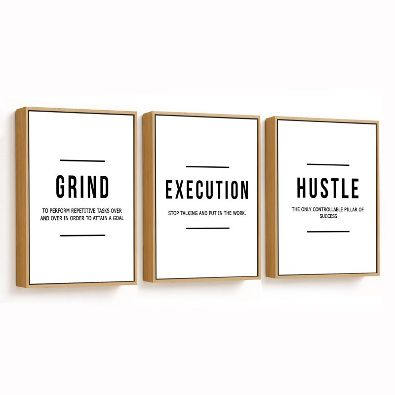 Set of 3 motivational quote - grind, execution, hustle