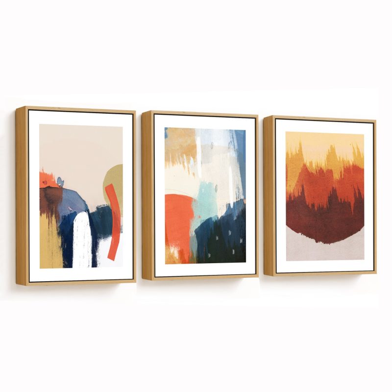 Set of 3 - Abstract Modern Paintings, Framed Wall Art, Navy Brown Beige Blue Mustard Gold