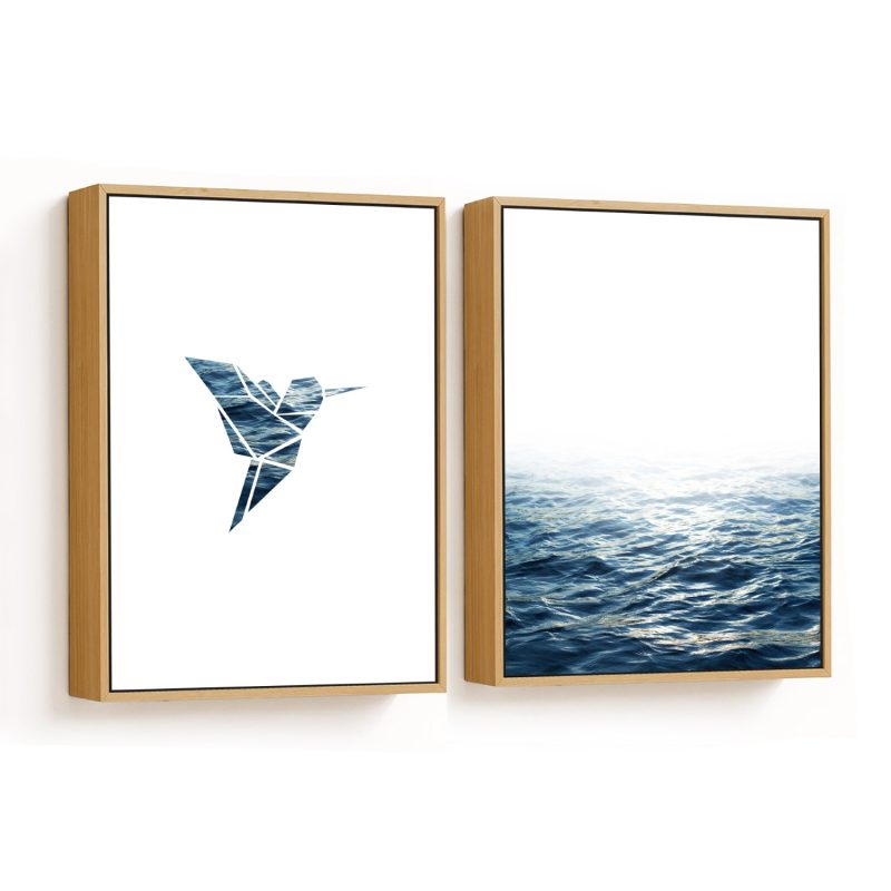 Set of 2 blue geometric bird and ocean