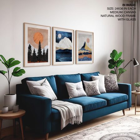 Set of 3 colorful mountains sun landscape
