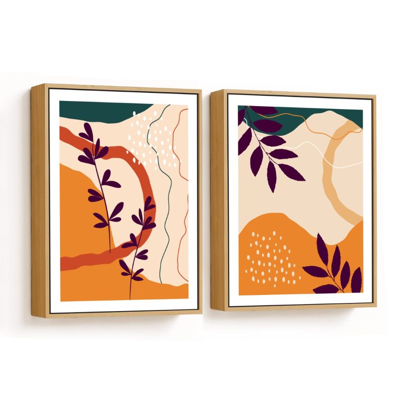Set of 2 orange burnt abstract botanical