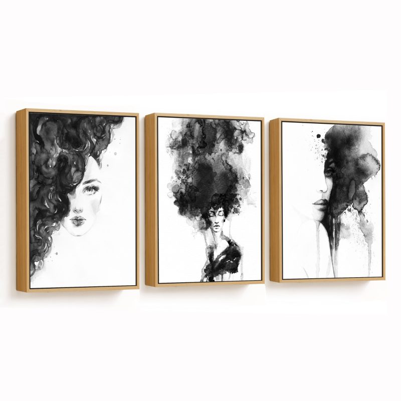 Set of 3 black fashionable women abstract