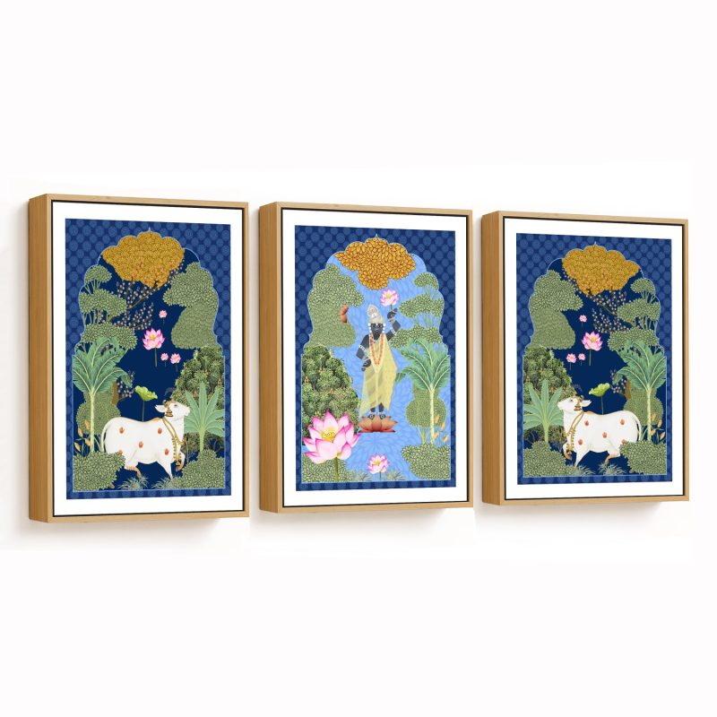 Set of 3 folk pichwai shrinathji and gaay