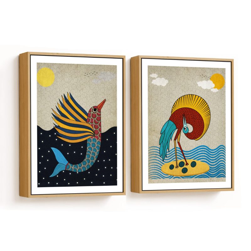 Set of 2 traditional gond chidiya painting