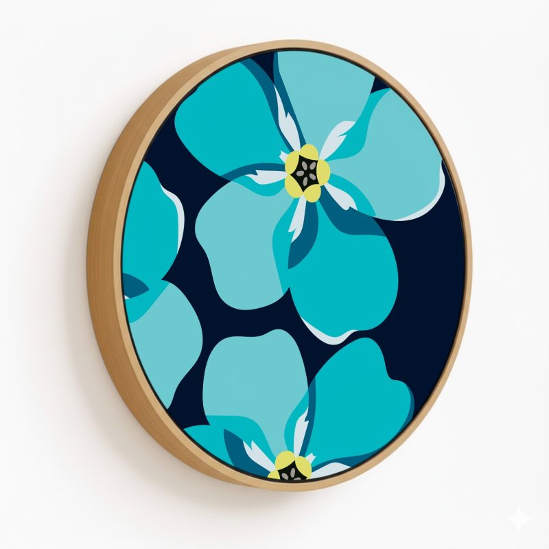 Blue silhouette flowers #101 - Circular Wooden Frame