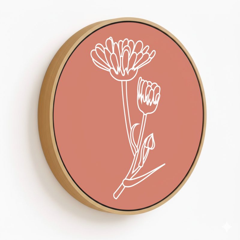 Line drawing floral #122 - Circular Wooden Frame