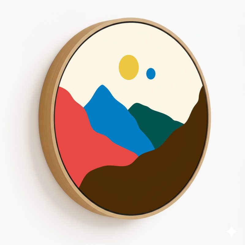 Geometrical figurative mountain landscape #341 - Circular Wooden Frame