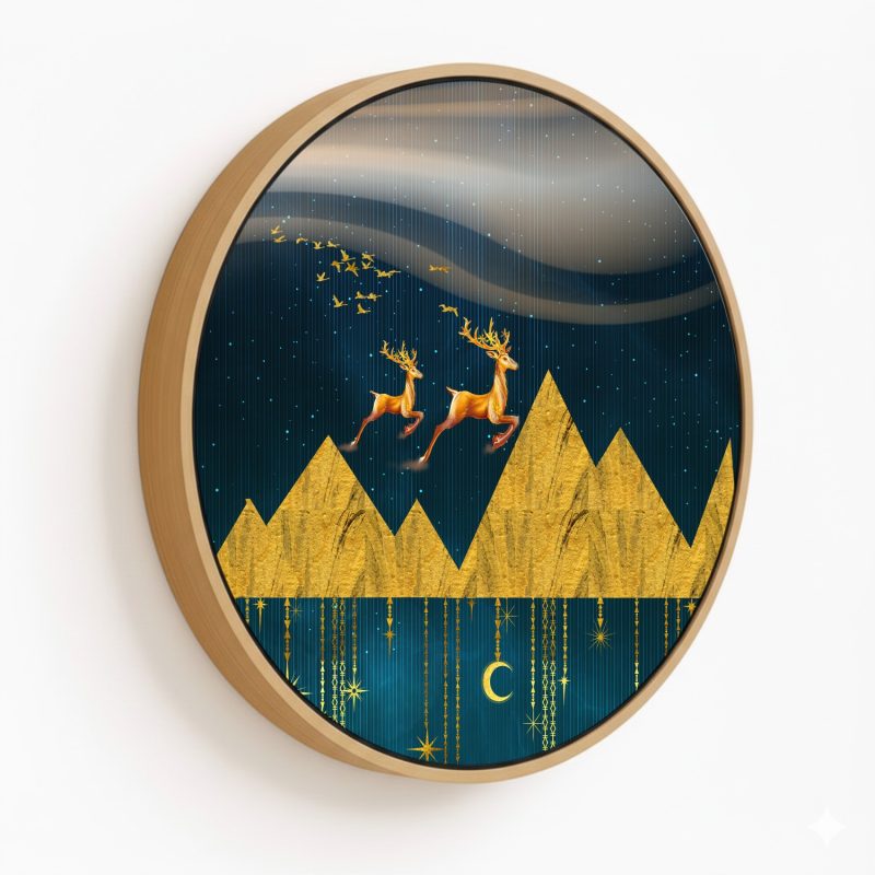 Geometric mountain landscape - Circular Wooden Frame