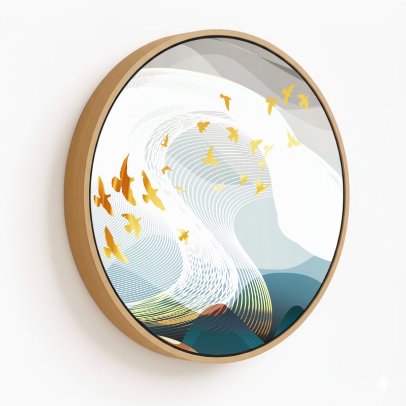Contemporary golden landscape abstract #811 - Circular Wooden Frame