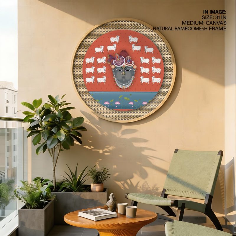 Shri Krishna Gau Mata on Red – Round Shrinathji Pichwai Painting