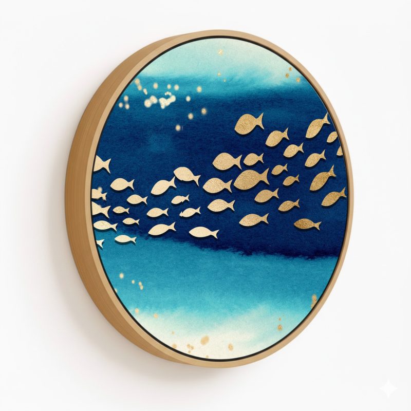 Illustrative golden fishes #149 - Circular Wooden Frame