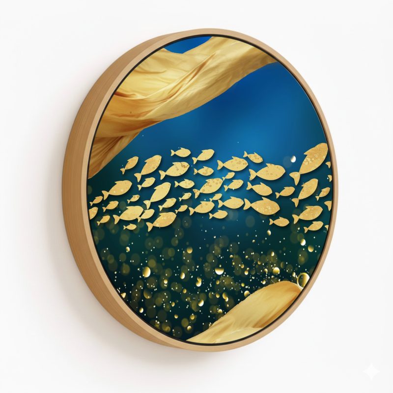 Illustrative golden fishes #152 - Circular Wooden Frame