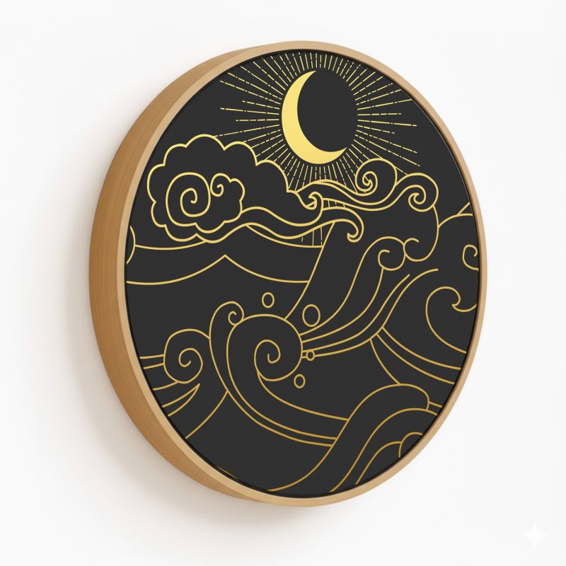 Dark minimal golden rising japanese clouds - Circular Wooden Frame