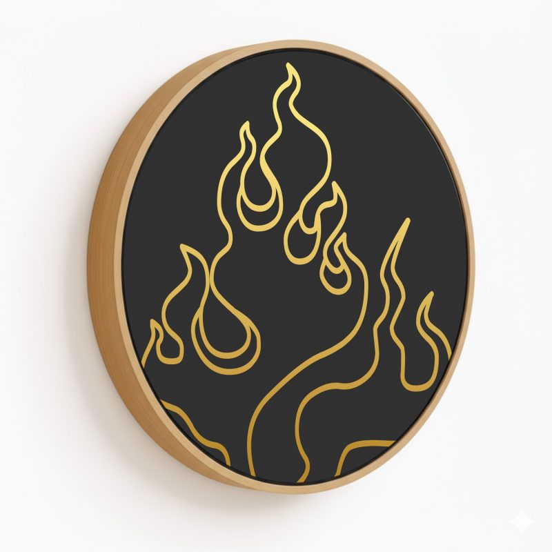Dark minimal golden flames - Circular Wooden Frame