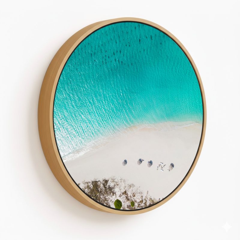 Calm crystal clear sea beach aerial view - Circular Wooden Frames