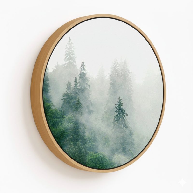 Foggy Forest Framed Wall Art, Nature Art, Modern Art - Choose Size and Frame Color - Circular Wooden Frames